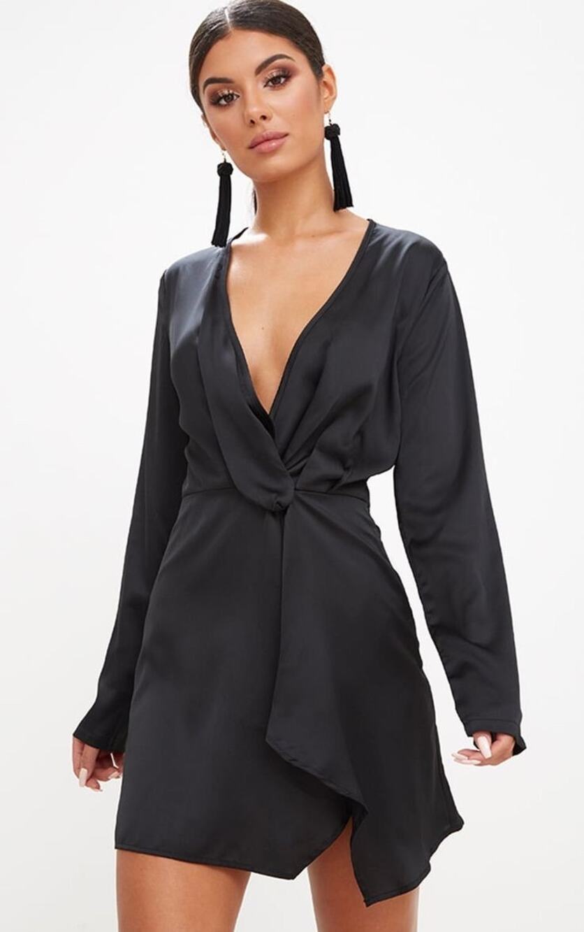 PrettyLittleThing Black Satin Long Sleeve Wrap Dress
